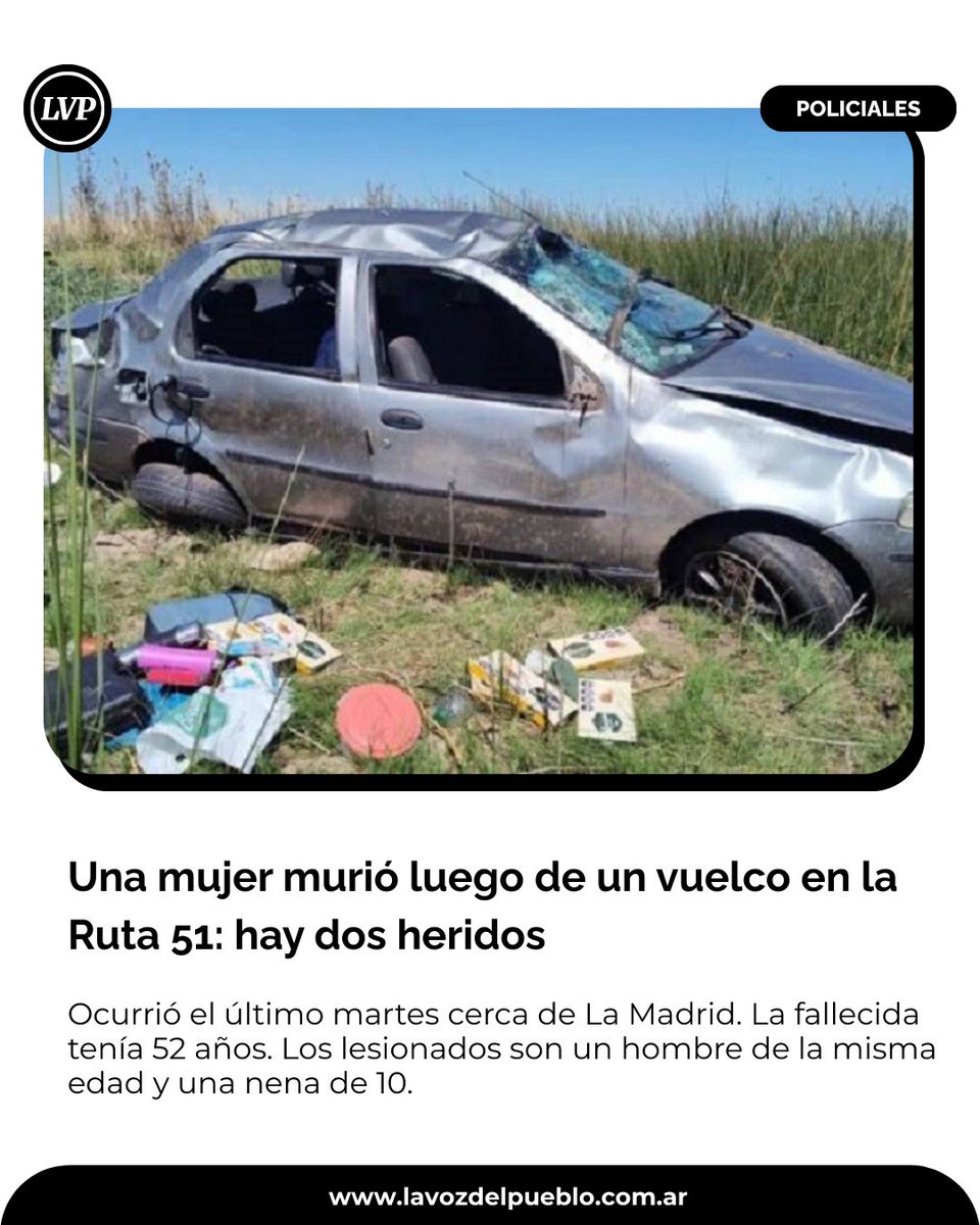 Ocurrió el último martes cerca de La Madrid. La fallecida tenía 52 años. Los lesionados son un hombre de la misma edad y una nena de 10.

lavozdelpueblo.com.ar/una-mujer-muri…