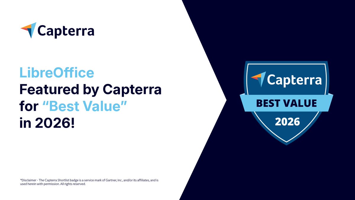 LibreOffice's tweet photo. LibreOffice Named a 2026 “Best Value” Leader by Capterra

https://t.co/DvSumiFiN4

@LibreOffice https://t.co/EtwPxEKII7