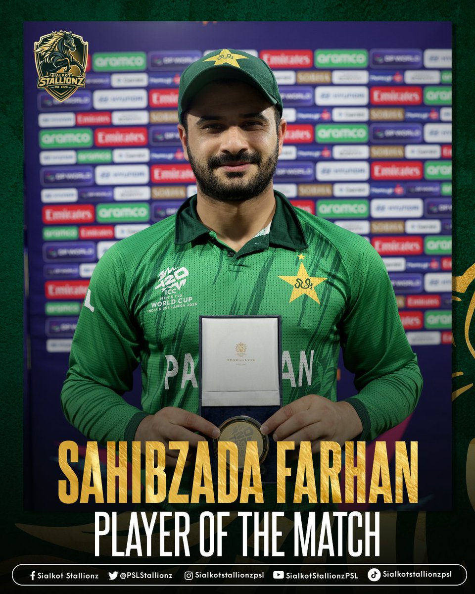 🏆 Player of the Match 🏆

A blazing 100* off 58 balls by Sahibzada Farhan.
11 fours | 4 massive sixes

#SialkotStallionz