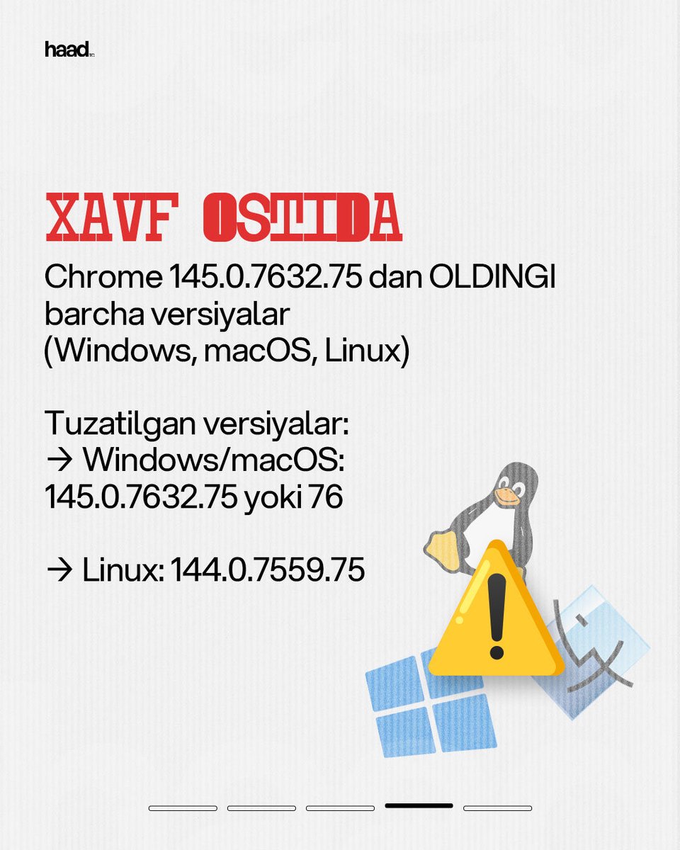 haad_uz's tweet photo. ⚠️ YANGI XAVF! Chrome brauzeringizda nol-kunlik zaiflik (CVE-2026-2441) faol hujum ostida!

🚨 9:00 &amp; 15:00 &amp; 19:00 vaqtlari uchun offlayn kurslarimizga qabul ochiq!

👍 Batafsil: https://t.co/R4G1XpzHSj

☎️ +99878 5555255 https://t.co/xH7sPFWufr