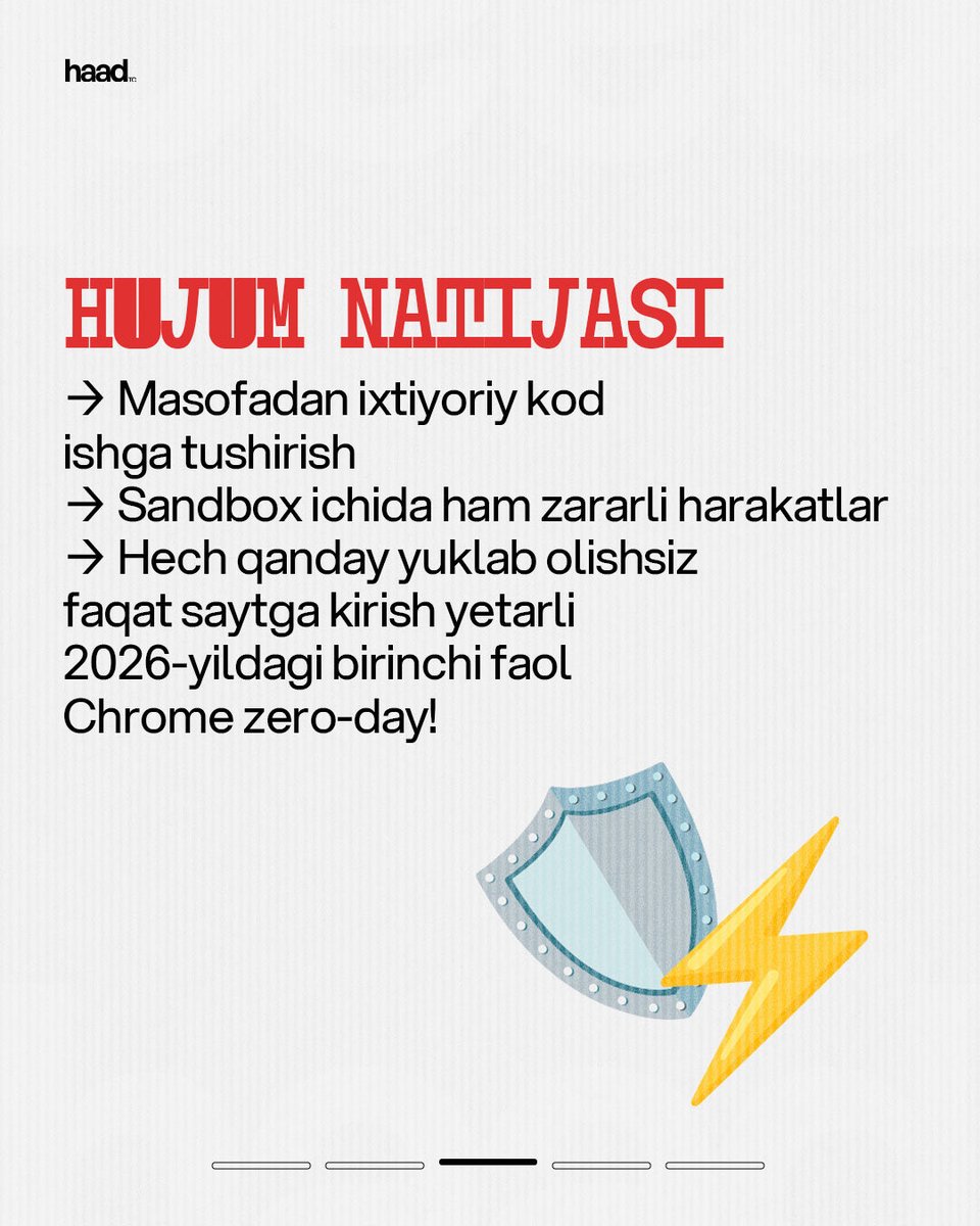 haad_uz's tweet photo. ⚠️ YANGI XAVF! Chrome brauzeringizda nol-kunlik zaiflik (CVE-2026-2441) faol hujum ostida!

🚨 9:00 &amp; 15:00 &amp; 19:00 vaqtlari uchun offlayn kurslarimizga qabul ochiq!

👍 Batafsil: https://t.co/R4G1XpzHSj

☎️ +99878 5555255 https://t.co/xH7sPFWufr