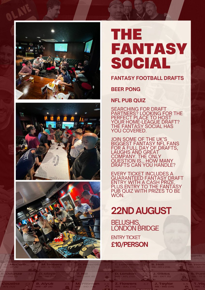 🚨 NEW EVENT ALERT 🚨 

The Fantasy Social - August 22nd

A Home for your Home League

Myself <a href="/NFL_Tstrack/">Tom Strachan</a> and <a href="/DynastyIsland/">Rich - DynastyIsland 🏝</a> want to bring together as many UK Fantasy enthusiasts as possible to:

📋 Host your Home League Draft
☄️ Beer Pong
🤔 Quizzes
🗣️ Talk FF

Get your tickets