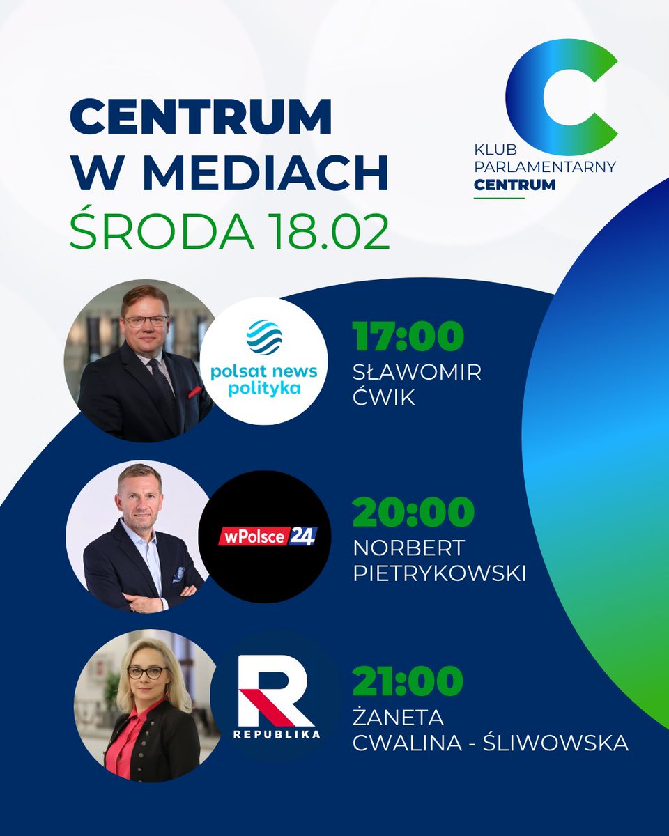 Centrum w mediach w środę 18.02.2026
🟢 17:00 <a href="/S_Cwik/">Sławomir Ćwik</a> 
🟢 20:00 <a href="/NPietrykowski50/">Norbert Pietrykowski</a> 
🟢 21:00 <a href="/ZanetaSliwowska/">Żaneta Cwalina - Śliwowska</a>
