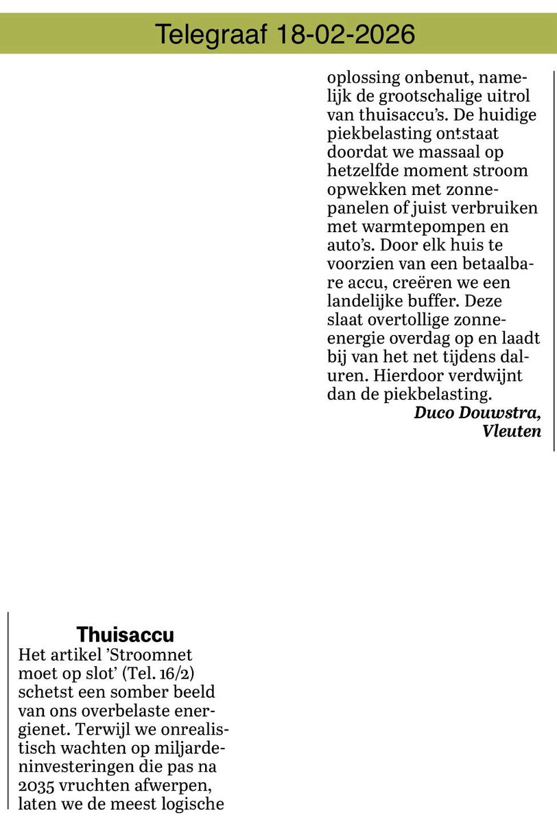 We hebben ruim 8 miljoen woningen in Nederland, bij een gegarandeerde afname van 5 miljoen stuks, zijn 10 kWu accu’s heel goedkoop.

Dit zou pas echt beleid zijn, maar daar zullen de energieleveranciers niet echt blij van worden. Maar oké laat de staat 1 leverancier overnemen,