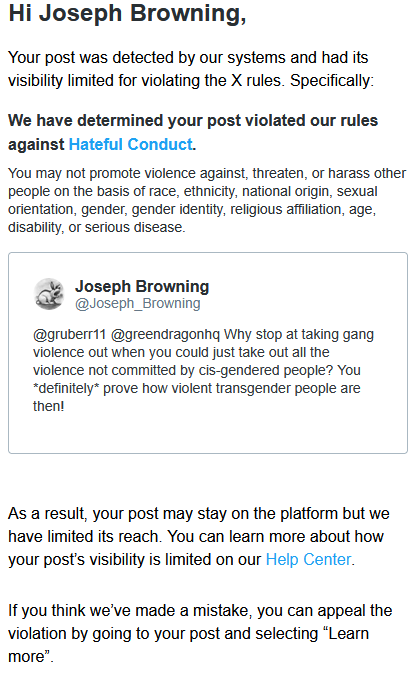 Ah, some poor RWer didn't like my mocking of them and some poor RWer Twitter employee didn't like my mocking of them either. Let me repeat my mock: If you exclude all non-transgender people from violence statistics, you really end up "proving" that transgender people are violent!