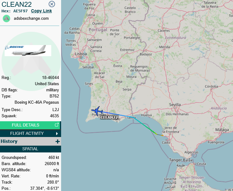 SirListenalot's tweet photo. #KC46 #AE5F97 #CLEAN22 (Rota - Naples, Italy) on its way to pick up some SC #F16's from Lajes and take'm east. https://t.co/hb1yxuDW8M