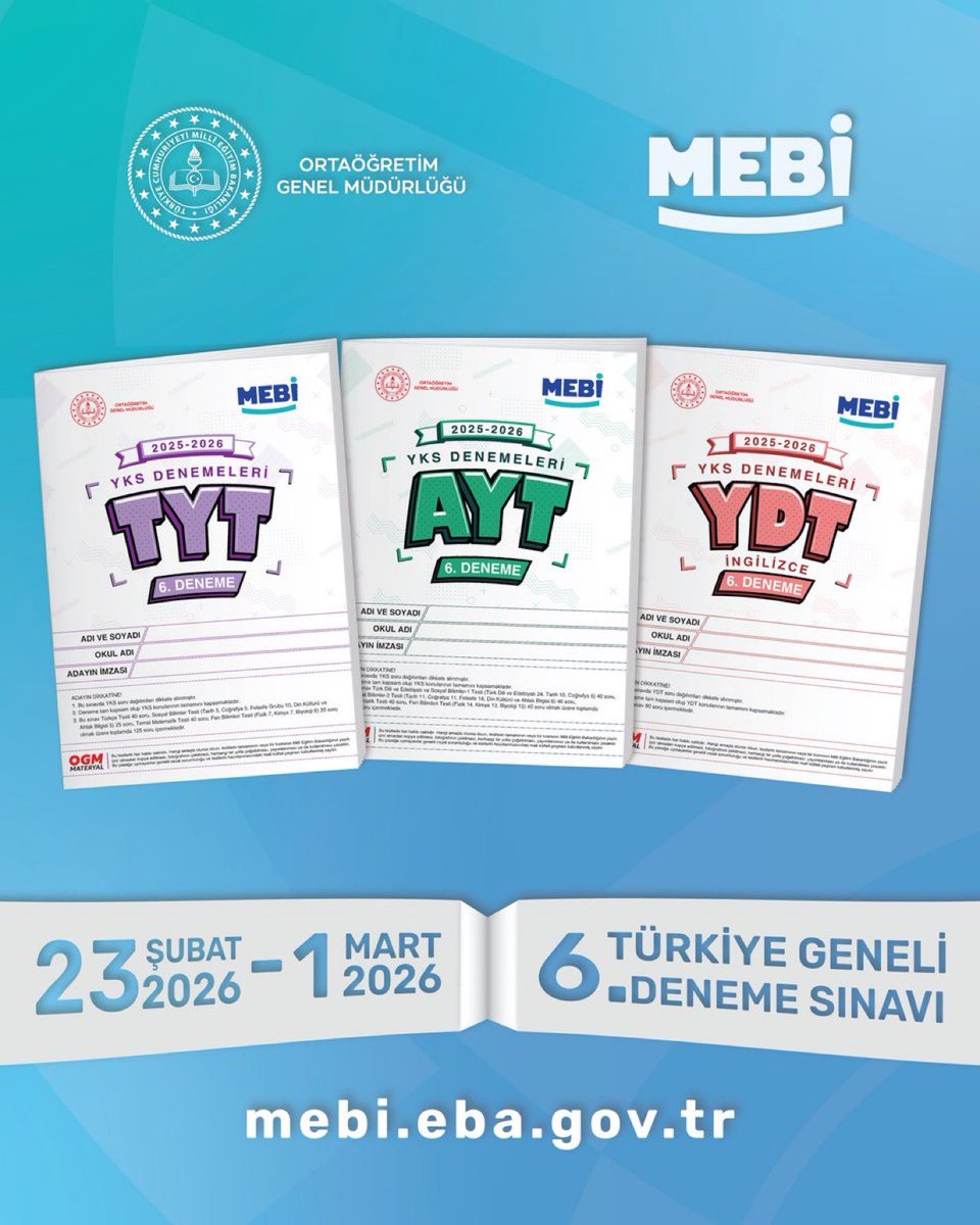 Türkiye Geneli YKS 6. Deneme Sınavı başlıyor. 🥁
TYT • AYT • YDT
23 Şubat – 1 Mart 2026 tarihleri arasında MEBİ’de. ✨
🔗 mebi.eba.gov.tr
<a href="/tcmeb/">Millî Eğitim Bakanlığı</a> <a href="/izmir_ilmem/">İzmir İl Milli Eğitim Müdürlüğü</a> <a href="/SuleymanCan71/">Süleyman Can 🇹🇷</a>