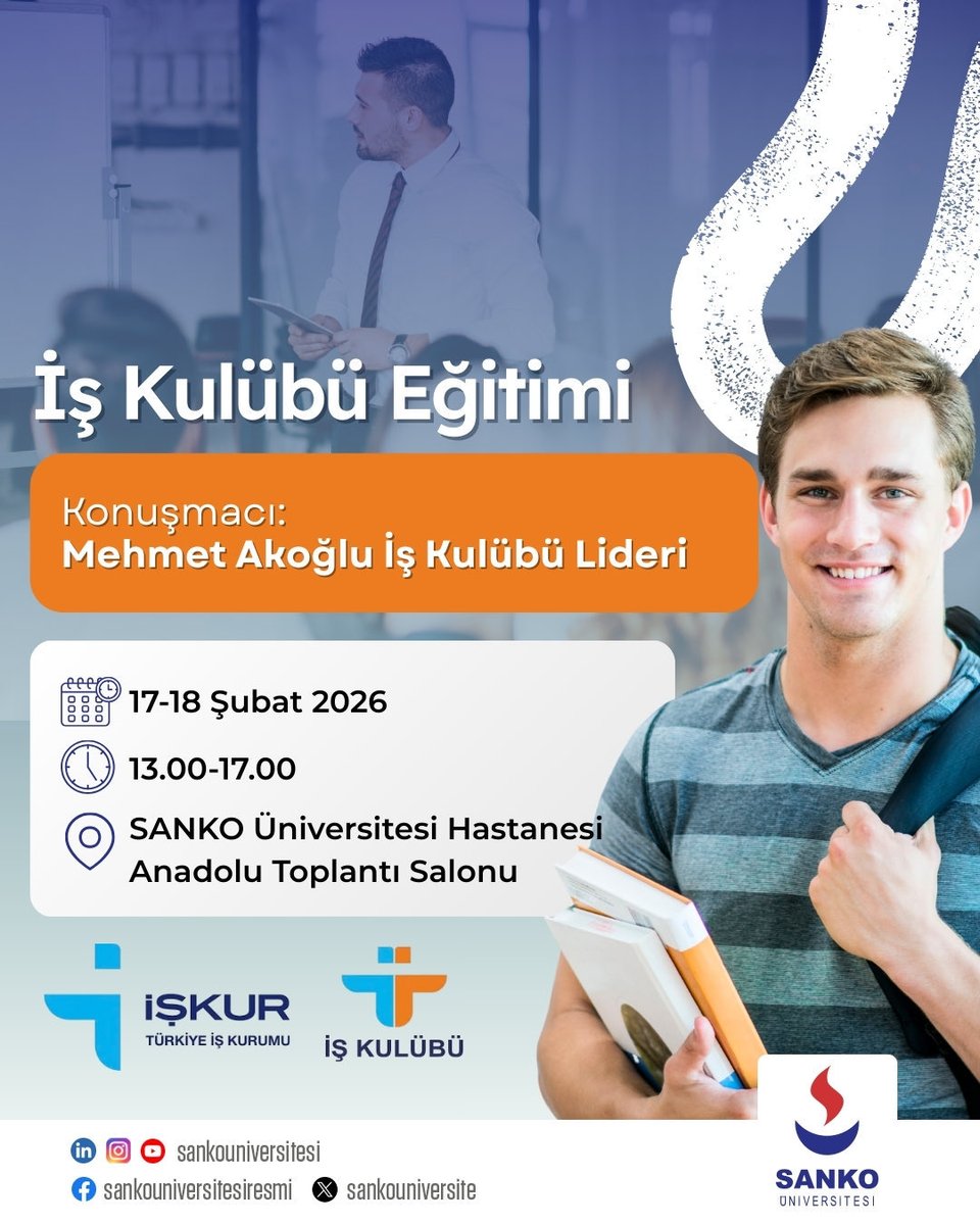 Sağlık Bilimleri Fakültesi 4. Sınıf öğrencilerine yönelik İŞKUR ve İş Kulübü iş birliğiyle düzenlenen İş Kulübü Eğitimi gerçekleştirilecektir. 

📅 17–18 Şubat 2026
🕐 13.00–17.00
📍 SANKO Üniversitesi Hastanesi Anadolu Toplantı Salonu