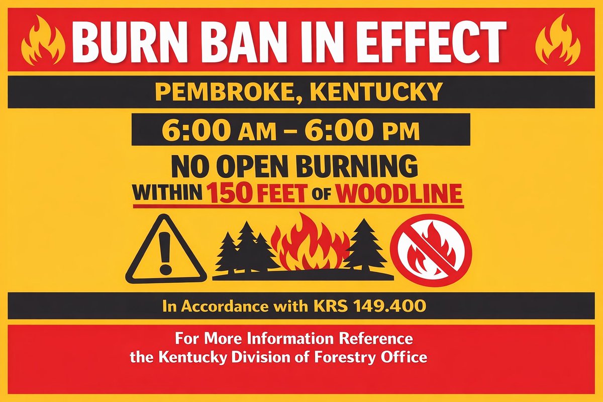 FirePembroke's tweet photo. 🔥 BURN BAN IN EFFECT 🔥

 No open burning is allowed from 6:00 AM to 6:00 PM within 150 feet of any wood line. #pembrokefire #burnban https://t.co/GxyamX75XC