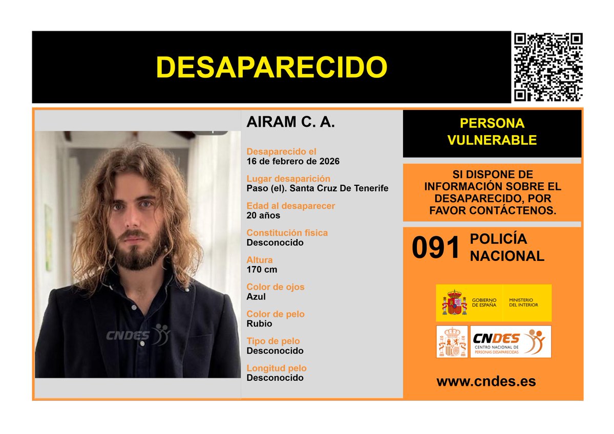 ⚠️🚹DESAPARECIDO🚹⚠️
‼️Persona vulnerable‼️
Edad  20 años
🧐Última localización #Elpaso #SantaCruzdeTenerife
Ayúdanos➡️comparte 📲
Si crees haberlo visto 📩cndes-web.ses.mir.es/publico/Desapa…
☎️091 <a href="/policia/">Policía Nacional</a>
<a href="/cndes_oficial/">CNDES</a> #adulto #desaparecido