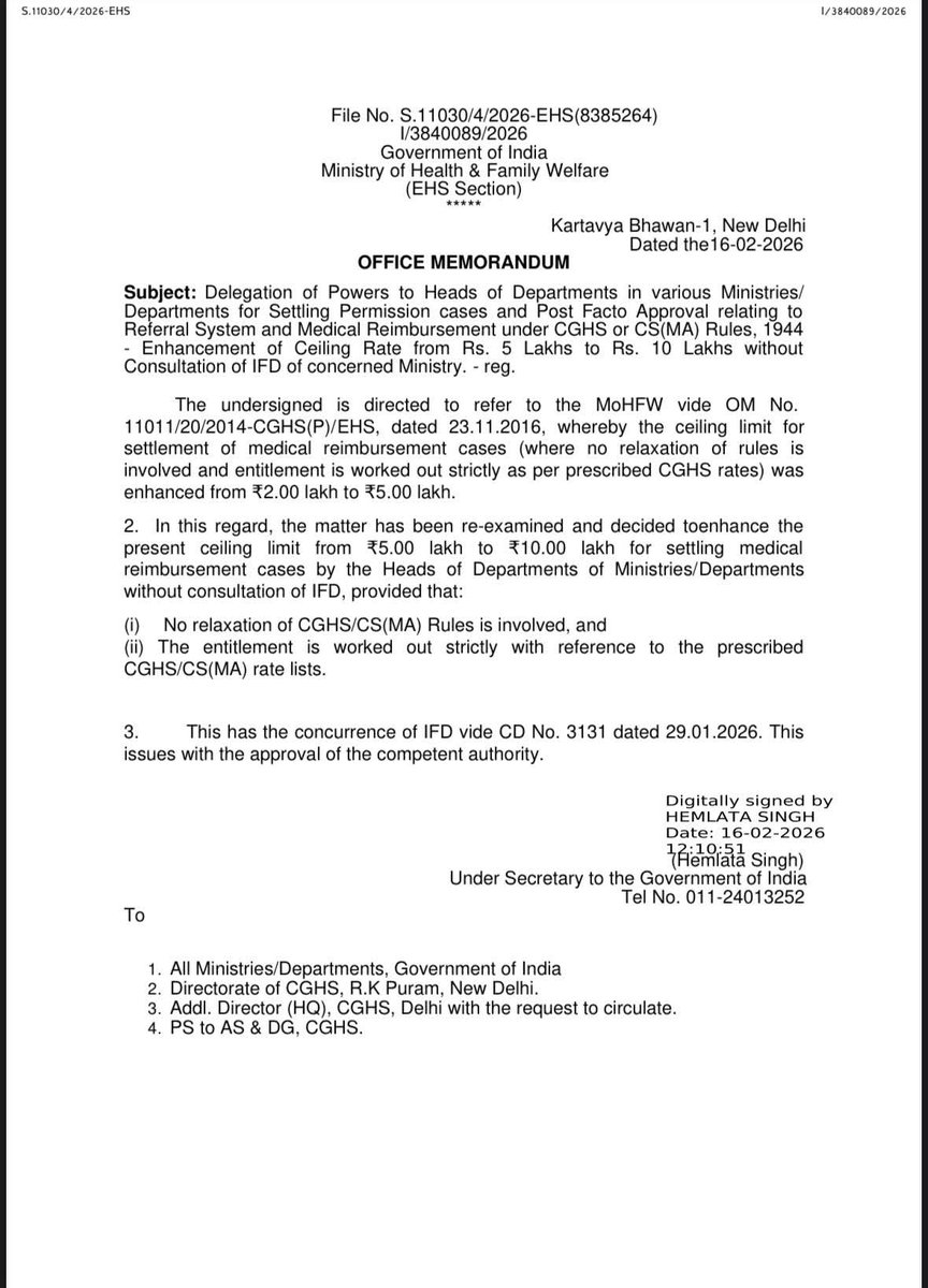 #GOI का स्वागतयोग्य कदम
₹10 लाख तक के ट्रीटमेंट मामलों में विभागाध्यक्ष स्तर पर ही फाइल की मंजूरी दिया जाना एक बड़ी उपलब्धि है, इसके लिए भारत सरकार <a href="/MoHFW_INDIA/">Ministry of Health</a> को बहुत-बहुत बधाई एवं धन्यवाद। केंद्रीय कर्मचारियों के लिए मेडिकल रिम्बर्समेंट सीमा ₹5 लाख से बढ़ाकर ₹10 लाख करना और