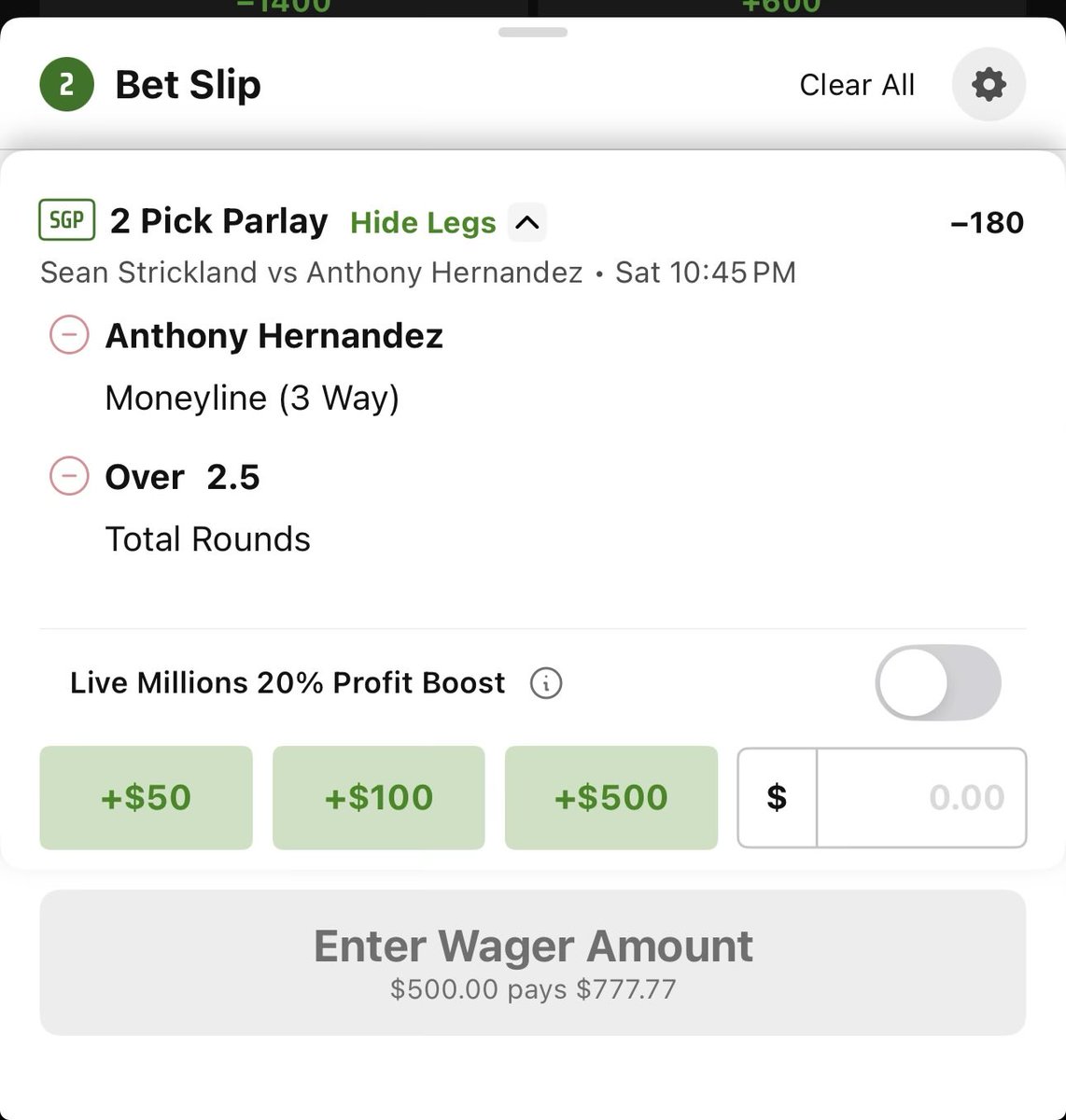 TrackNTap's tweet image. If you hate Anthony “Fluffy” Hernandez at -280 on DK, just do a SGP with the o2.5 rounds and you can get him at -180.

#UFCHouston