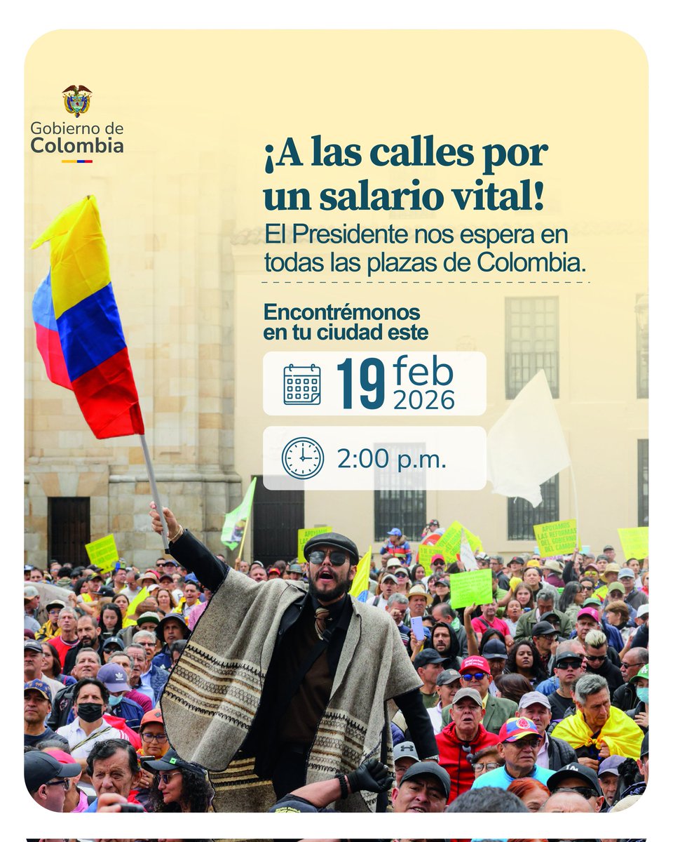 El Presidente <a href="/petrogustavo/">Gustavo Petro</a> convoca al pueblo trabajador de Colombia a defender el Salario Vital decretado para 2026.
Este jueves 19 de febrero, desde las 2:00 p.m., salgamos juntos #ALasPlazasPorElSalarioVital para defender el salario que garantiza una vida digna.