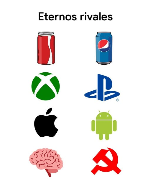 Esta no es solo una lista de marcas enfrentadas, es una escalera que va subiendo desde lo comercial hasta lo ideológico, como si la imagen quisiera llevarte de la espuma azucarada al choque frontal entre pensamiento y dogma.

The Coca-Cola Company contra PepsiCo, una rivalidad