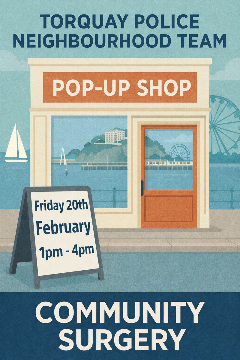 SteveDarlingMP's tweet photo. Come and join Torquay Police Neighbourhood Team for a Community Surgery this Friday...

At 77 Union Street, Torquay 

From 1pm to 4pm 

#Torbay #Torquay #Paignton #torbayweekly #TorbayHour #BoostTorbay #brixham #CommunityMatters #southdevon https://t.co/5V9PKWcDNG