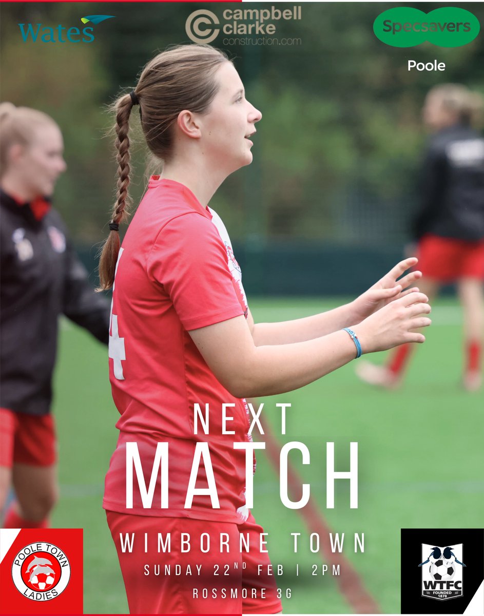 THIS SUNDAY‼️

Two huge games for both our Ladies’ sides with our first team facing Wimborne Town at The Wyatt Homes Stadium and our Devs also up against Wimborne at Rossmore 3G.

Both matches kicking off at 2pm, please come down and support if you can❤️🐬