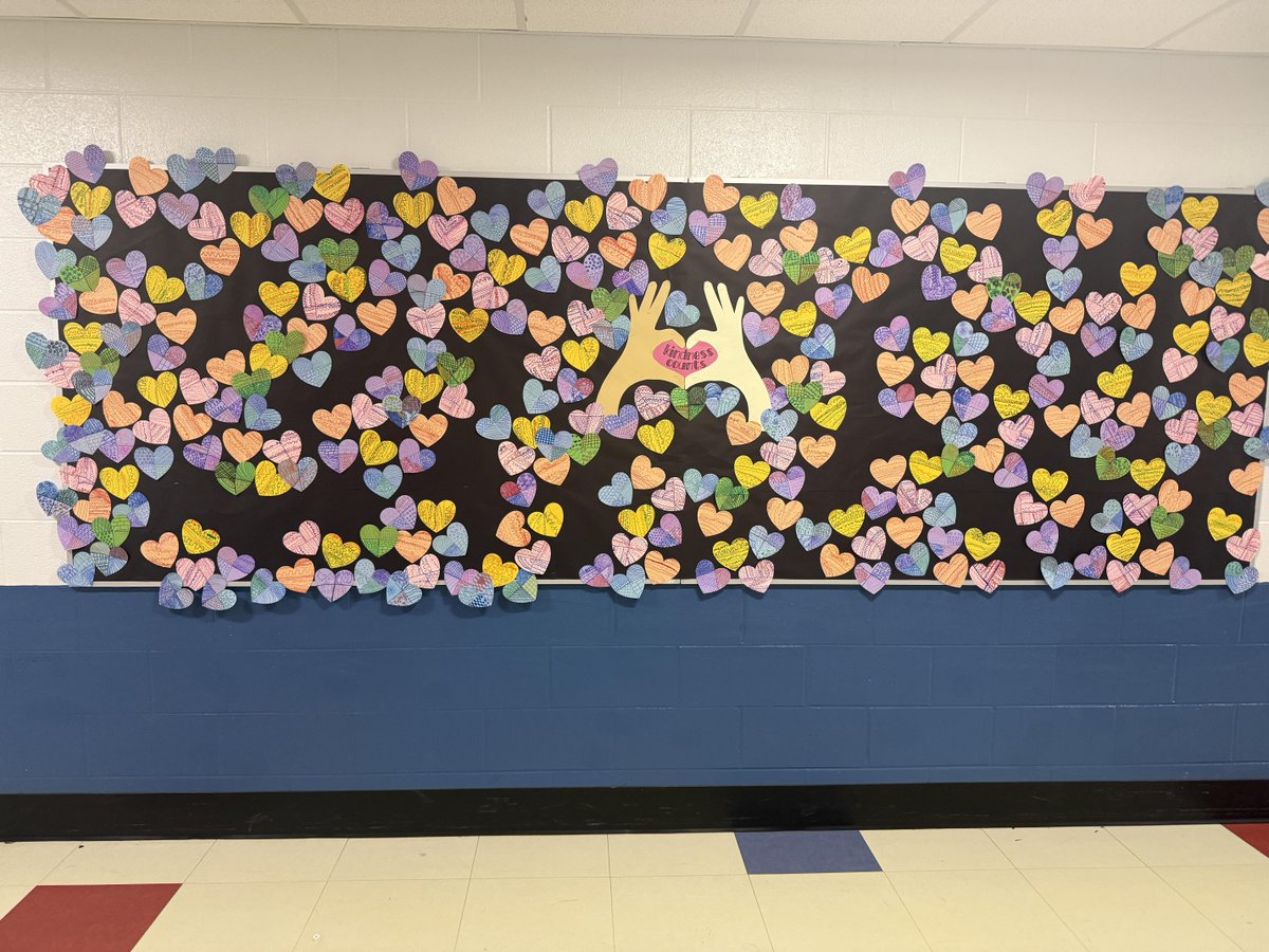 Mrs. LoBianco &amp; Mrs. Zorc's students designed their own heart for our Kindness Counts bulletin board.  When it's completed, each student will have a heart up there!  Thanks to our art teachers &amp; our students for making this beautiful board!  #riverwoodrocks  #d15rocks