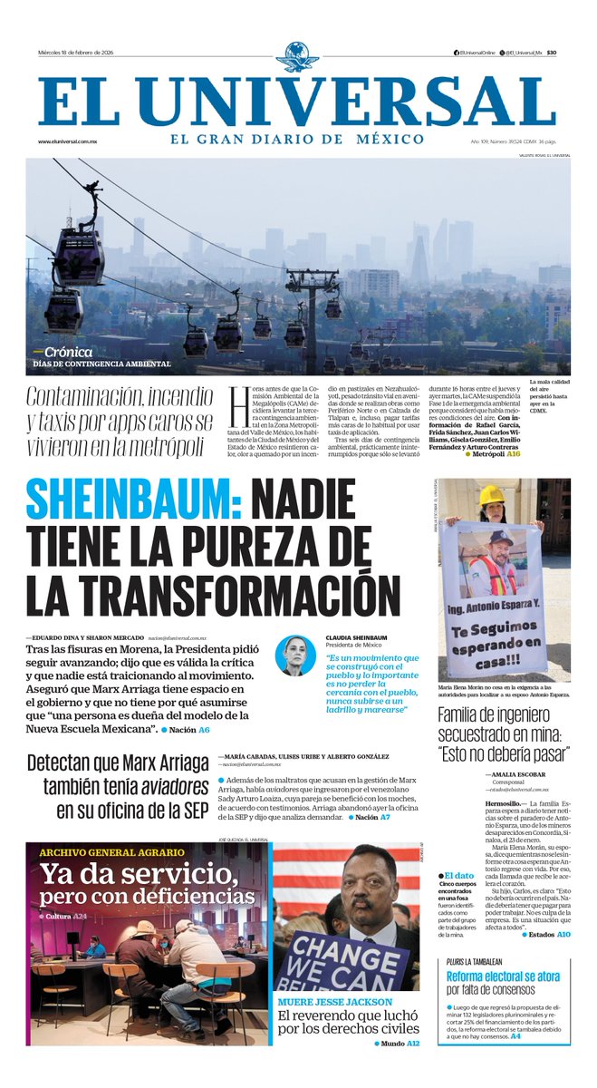 #BuenosDías 📰 Hoy en #LaPortada de <a href="/El_Universal_Mx/">El Universal</a> 

🔹 Sheinbaum: nadie tiene la pureza de la transformación 

🔹 Días de contingencia ambiental 

🔹 Detectan que Marx Arriaga también tenía aviadores en su oficina de la SEP