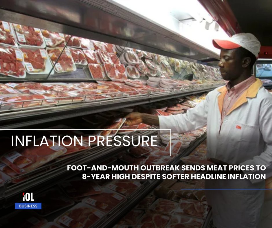 IOL's tweet photo. South Africans are feeling the pinch at the meat counter! Beef steak jumped 31.2%, stewing beef 30.3%, and mince 28% in January—meat inflation is now at 13.5%, the highest since 2017.
#SouthAfrica #StatsSA #MeatInflation #BeefPrices #PorkPrices #FoodCosts
Read on: https://t.co/HETmLmkKjb