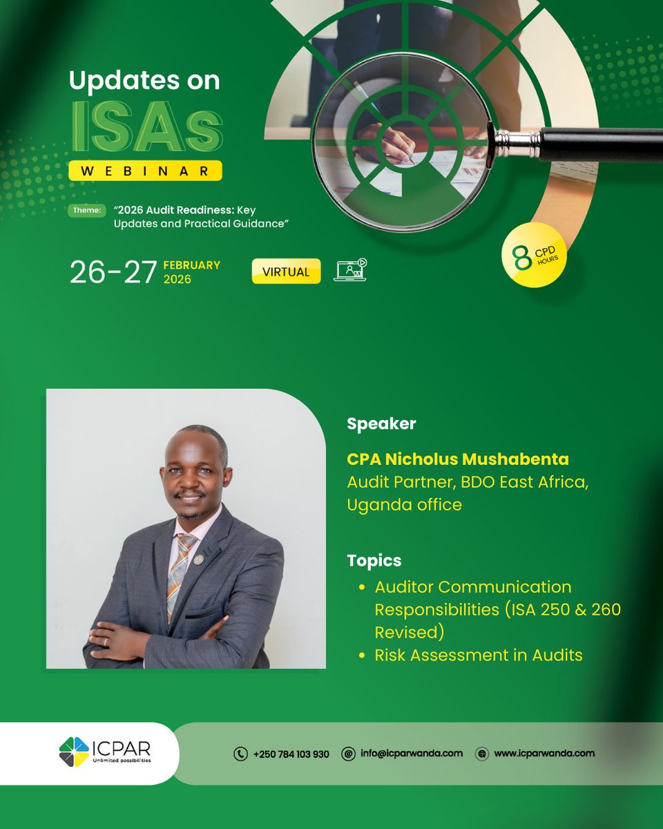 I_CPAR's tweet photo. If you work in audit, this is not optional!

CPA Nicholus Mushabenta, Audit Partner at BDO East Africa and a seasoned audit expert, is breaking down the most critical ISA updates you need right now.

Auditor Communication Responsibilities under ISA 250 and 260 Revised.
Handling non compliance and sensitive governance matters.
Risk assessment under ISA 315 Revised.
Designing solid audit responses under ISA 330.
Be equipped. Be confident. Be ready for 2026 engagements.
Register now via https://t.co/tduC9zIshx
#ISAWebinar #AuditLeadership #ICPAR #RiskAssessment #AuditQuality