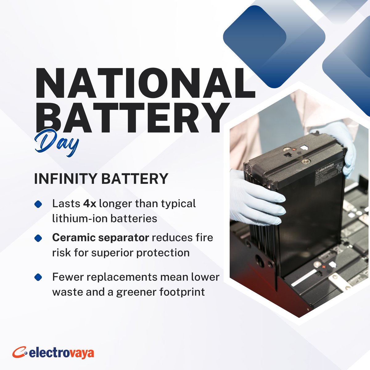 Electrovaya's tweet photo. Happy #NationalBatteryDay! 🔋 From powering critical equipment to keeping operations running smoothly, reliable batteries make all the difference. Our #InfinityBattery delivers long-lasting, dependable performance for heavy-duty applications.  https://t.co/QuQ84H6YtI 

#ELVA https://t.co/xMD5kT5kww