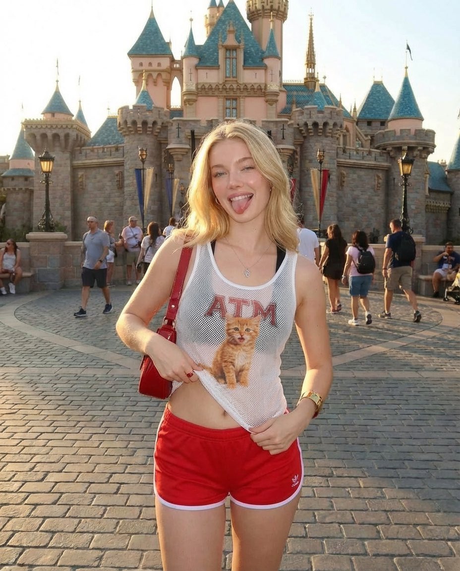 A playful blonde woman posing in front of a fairytale castle at a theme park during golden hour. She is standing on a cobblestone walkway with the castle's pink and blue turrets in the background. She is wearing red athletic shorts and a white mesh tank top with a small kitten graphic and the letters 'ATM' on it, slightly lifting the hem of the shirt. She has a red shoulder bag, soft natural makeup, and is smiling with her tongue out in a fun, carefree expression. Warm sunset lighting, vibrant colors, shallow depth of field, high-resolution, candid travel photography style.