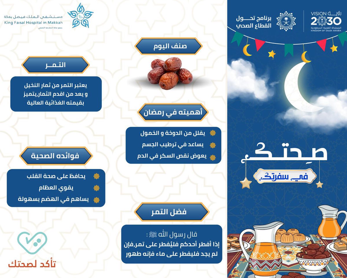 #صحتك_في_سفرتك🌙
   التمر 🌴

#مستشفى_الملك_فيصل_بمكة
#تأكد_لصحتك