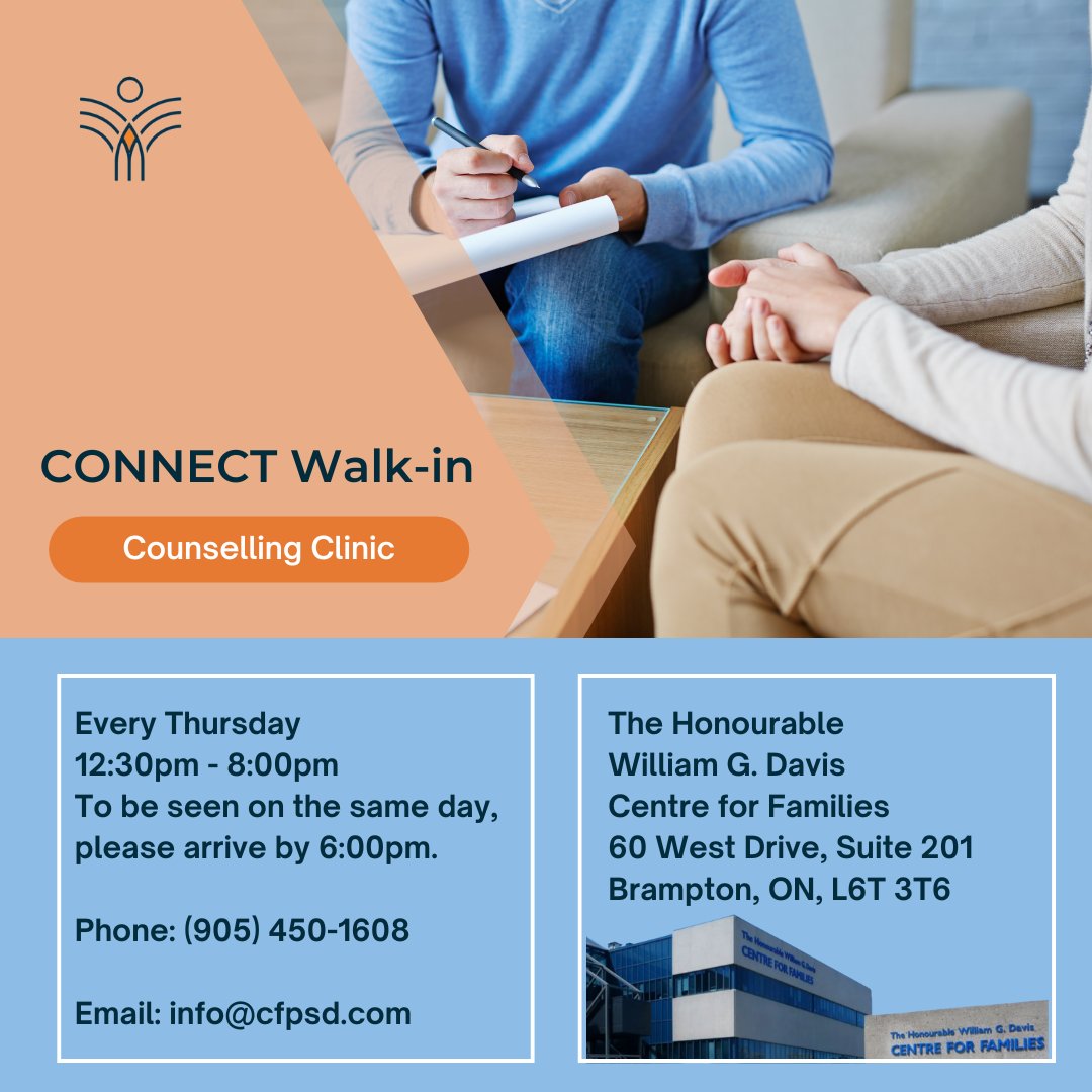 Looking for counselling support? Visit our weekly CONNECT Walk-in Counselling Clinic! Located at 60 West Drive on the second floor, every Thursday from 12:30pm to 8pm. Please arrive by 6pm for same day support. To learn more, visit cfspd.com