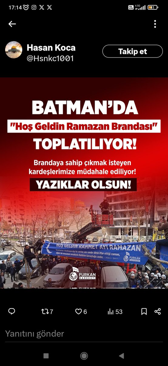 İsrail'den önce davrandınız!
Bu görüntüler her yıl Ramazan ayında ilk önce Gazze'den gelirdi. Şimdi Türkiye'den geldi.
Ramazan ruhunu ne yaparsanız yapın yaşatmaya devam edeceğiz!!

RamazanBrandasına SertMüdahale
#BatmanEmniyeti