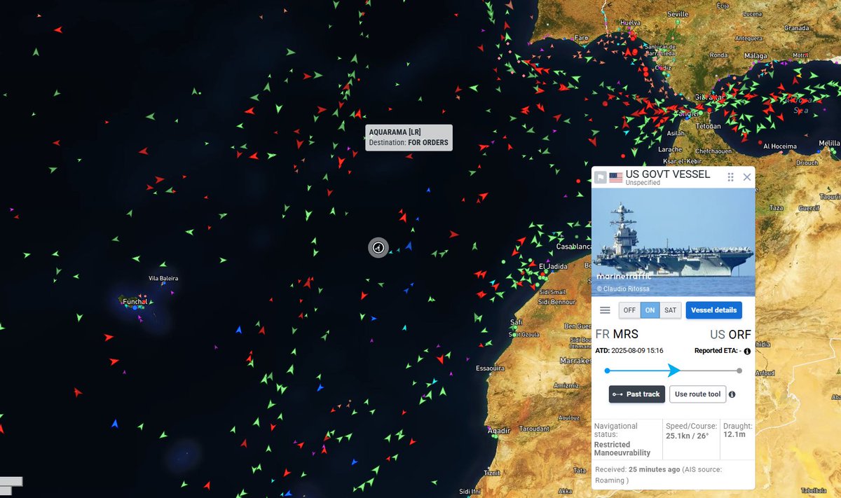 🇺🇸⚓ USS Gerald R. Ford now several hundred kilometers west of Gibraltar, off the coast of Morocco.