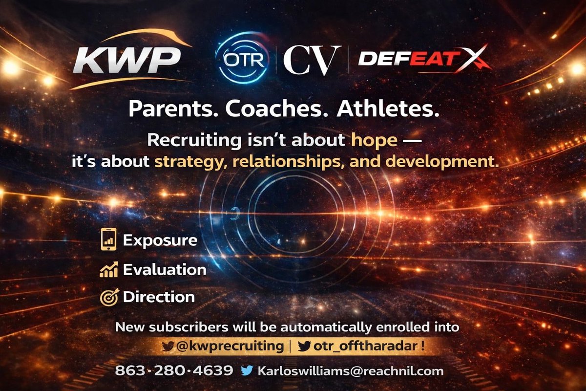 All new subscribers will be automatically enrolled into the <a href="/KWPRecruiting/">Karlos Williams Sr. (Coach Los)</a> | <a href="/OTR_OffTheRadar/">OTR | Off The Radar Football Recruiting</a> Recruiting ! 

Need guidance and direction ? 
Want a recruiting blueprint ? 
A clear outline of what and how to do things ?

Get what you and your athlete needs from someone that has