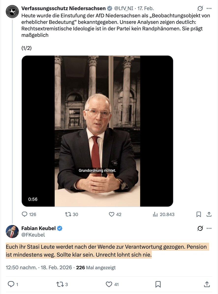 Fabian Küble (@fKeubel), Mitglied der extremistischen und verfassungsfeindlichen Verräterpartei AfD bedroht öffentlich Mitarbeitende des <a href="/LfV_NI/">Verfassungsschutz Niedersachsen</a> mit verfassungswidrigen Maßnahmen für den Fall der Machtergreifung.

Klug. 🤡