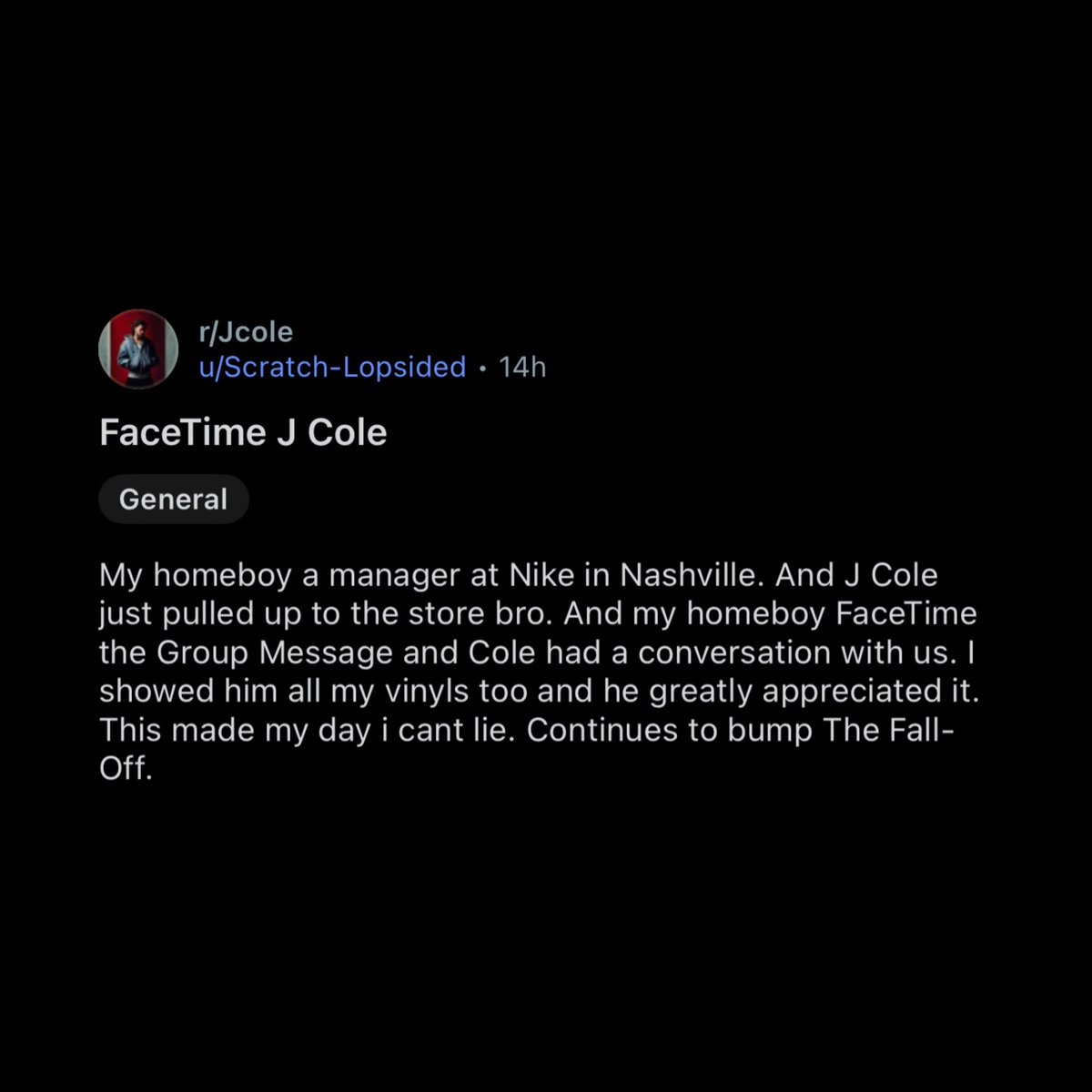 JColeVillle's tweet image. J. Cole randomly FaceTimed a fan’s group chat last night in Nashville. 🙏

“My homeboy a manager at Nike in Nashville. And J. Cole just pulled up to the store bro. And my homeboy FaceTime the Group Message and Cole had a conversation with us. I showed him all my vinyls too and he