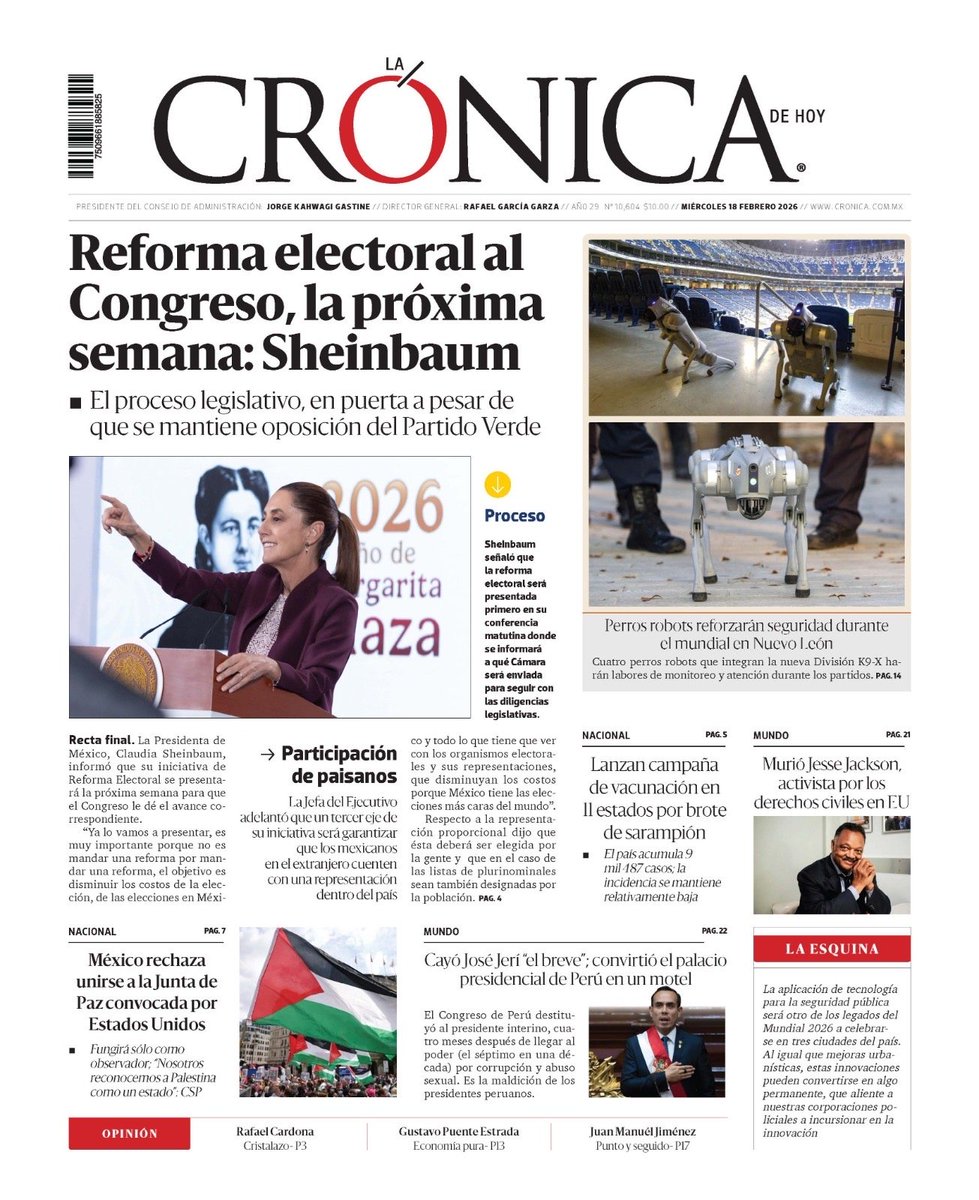 #FelizMiércoles 🗞️ Hoy en #LaPortada de <a href="/LaCronicaDeHoy/">La Crónica de Hoy</a> 

🔹 Reforma electoral al Congreso, la próxima semana: Sheinbaum 

🔹 México rechaza unirse a la junta de Paz convocada por Estados Unidos