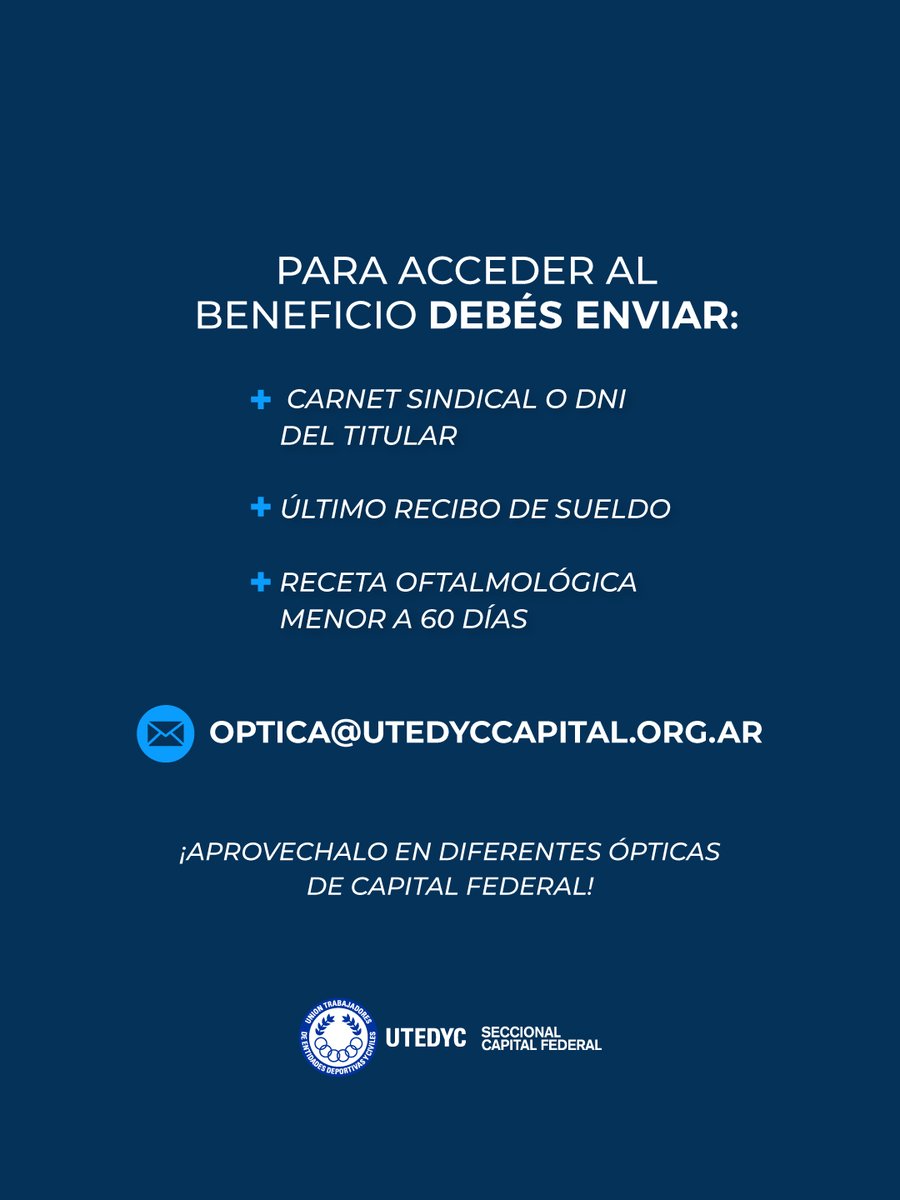 ¡Aprovechá este beneficio exclusivo que UTEDYC Capital Federal tiene para ofrecerte! 👓

Siendo afiliado o afiliada, vos y tu cónyuge pueden acceder a pares de lentes recetados hasta por un año.

REQUERIMIENTOS:
🔹Carnet Sindical o DNI del titular
🔹Último recibo de sueldo
🔹