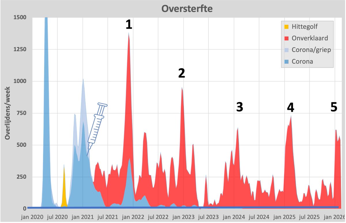 SteigstraHerman's tweet image. Nieuwe sterftecijfers van het RIVM. De #oversterfte houdt aan rond de 500/week. Het AD wordt wakker en ziet na #corona de 5e griepgolf voorbij komen en spreekt van "De Big Five". De toppen zijn lager, maar wel veel breder, dus stuk voor stuk meer oversterfte.
We gaan het zien!