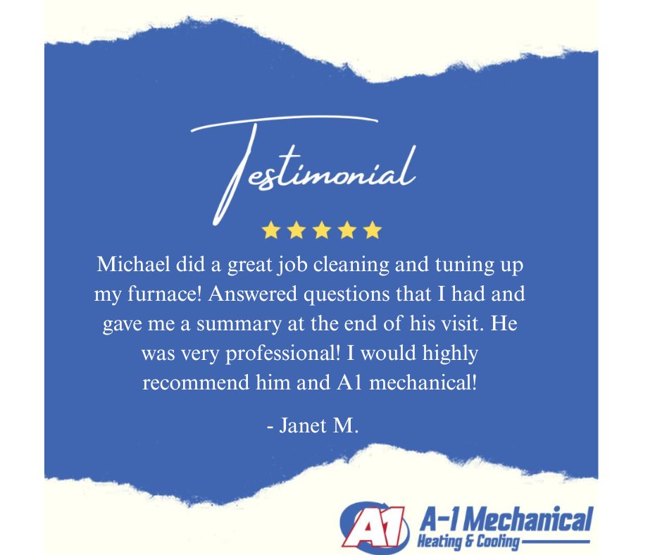 Thank you so much for the great review, Janet! We’re glad to hear that Michael took such good care of your furnace and made sure all your questions were answered along the way. We truly appreciate the recommendation and your trust in A-1 Mechanical!