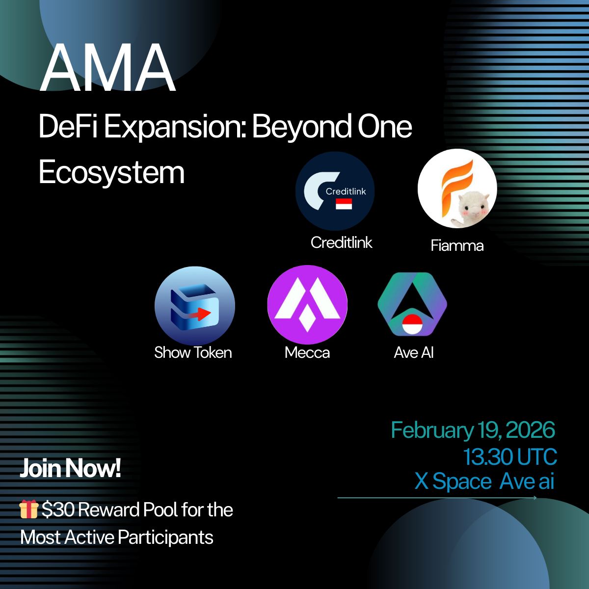 🚀 MECCA AMA Collaboration Event 🚀

MECCA is proud to join an exclusive X Space alongside
<a href="/creditslink/">Creditlink</a>  x <a href="/fiamma_labs/">𝗙𝗶𝗮𝗺𝗺𝗮 🦙🔥</a>  x <a href="/RealShowToken/">SHOW</a>  x <a href="/aveai_id/">Ave Indonesia 🇮🇩</a> 
🗓 February 19, 2026
⏰ 13:30 UTC
📍 X Space – Hosted by AVE AI

🎯 Theme: DeFi Expansion: Beyond One Ecosystem
DeFi is no