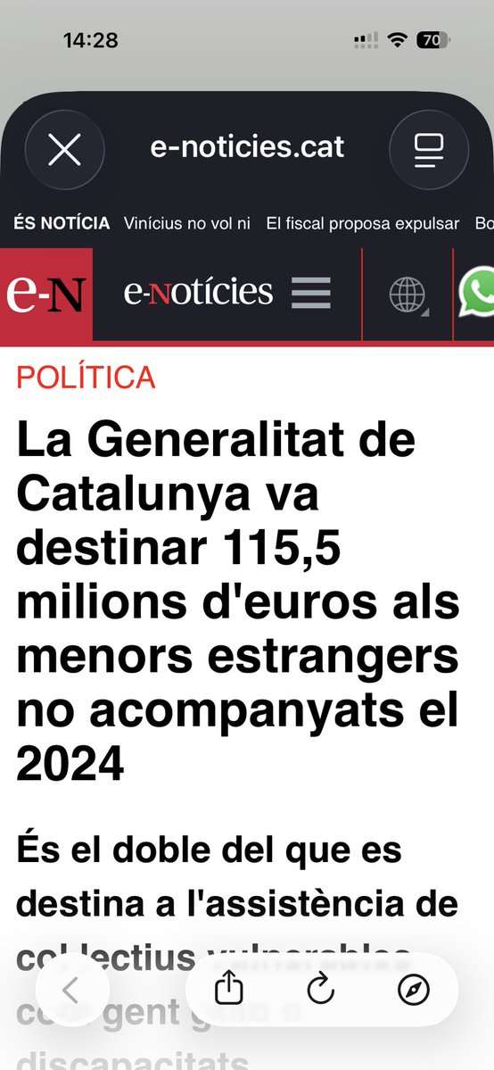 - Cost que destina la Generalitat a un Mena mensualment? 4.682 €
- Cost que destina la Generalitat a un pres mensualment? 4.266 €
-Cost que destina la Generalitat a un immigrant nouvingut? de 681 a 1.416,86 (segons unitat familiar)
- Ajut màxim que destina la Generalitat a una