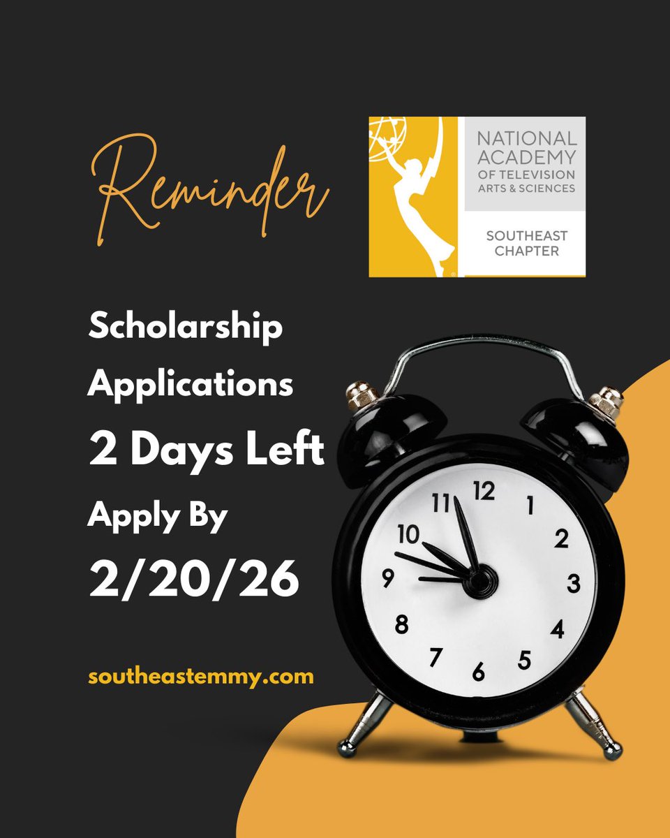 SoutheastEMMY's tweet image. The NATAS Southeast Foundation proudly supports students pursuing careers in television and media across our region. Encourage a student you know to submit their application by February 20. 🎓

Apply at southeastemmy.com 

#SoutheastEmmys #NATAS #MediaStudents
