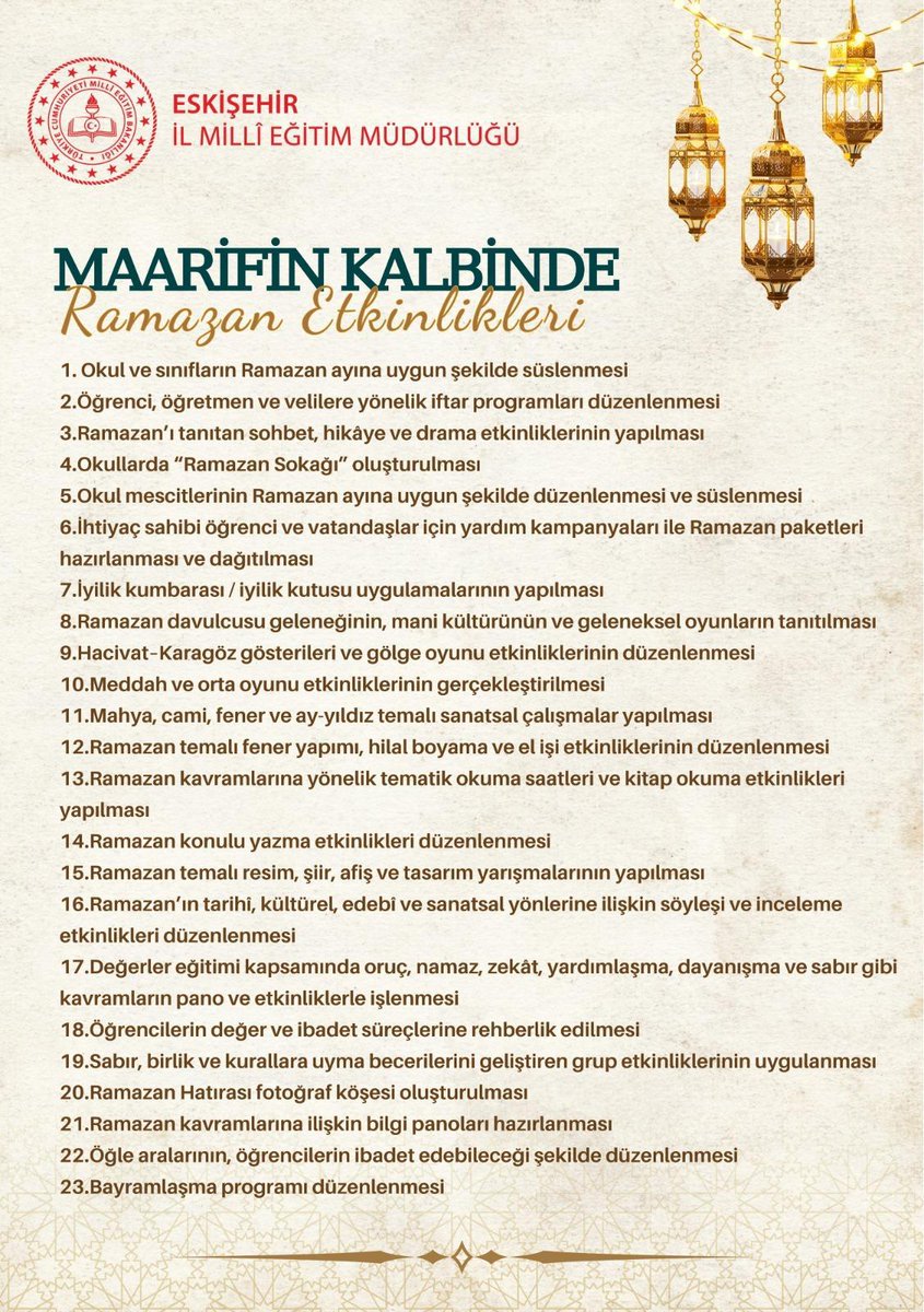 🌙✨ Maarifin Kalbinde Ramazan – Eskişehir ✨🌙

🏫 Eskişehir İl Millî Eğitim Müdürlüğü olarak Ramazan ayının rahmet ve bereket iklimini okullarımızda büyük bir coşku ve heyecanla karşılıyoruz.

🎨 Sınıflarımızda ve koridorlarımızda yükselen Ramazan heyecanı; süslenen panolar,
