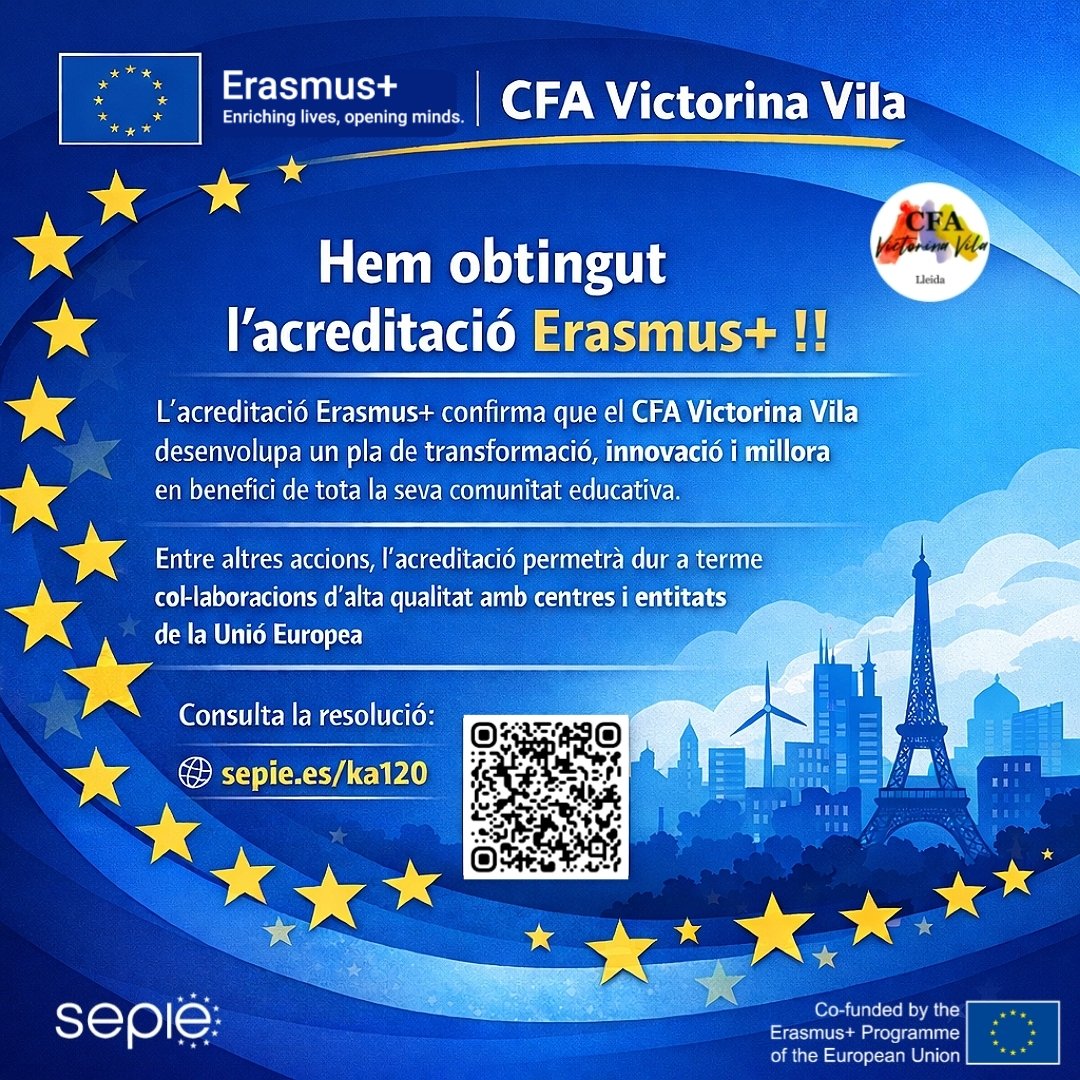 cfavictorina's tweet photo. 🇪🇺 Hem obtingut l'acreditació Erasmus+ !!
https://t.co/LiEfPwSgFP
#fadults #comunidadEPA #ErasmusPlus #fadultos https://t.co/EVQmojj7zw