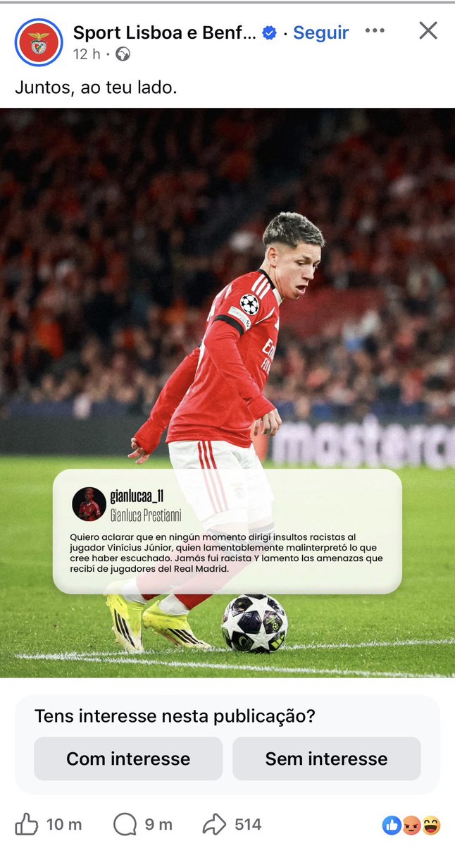 O Benfica a apoiar um racista Argentino. Isto vai envelhecer tão bem a tantos níveis!

✊🏾❤️

#ChampionsLeague2026