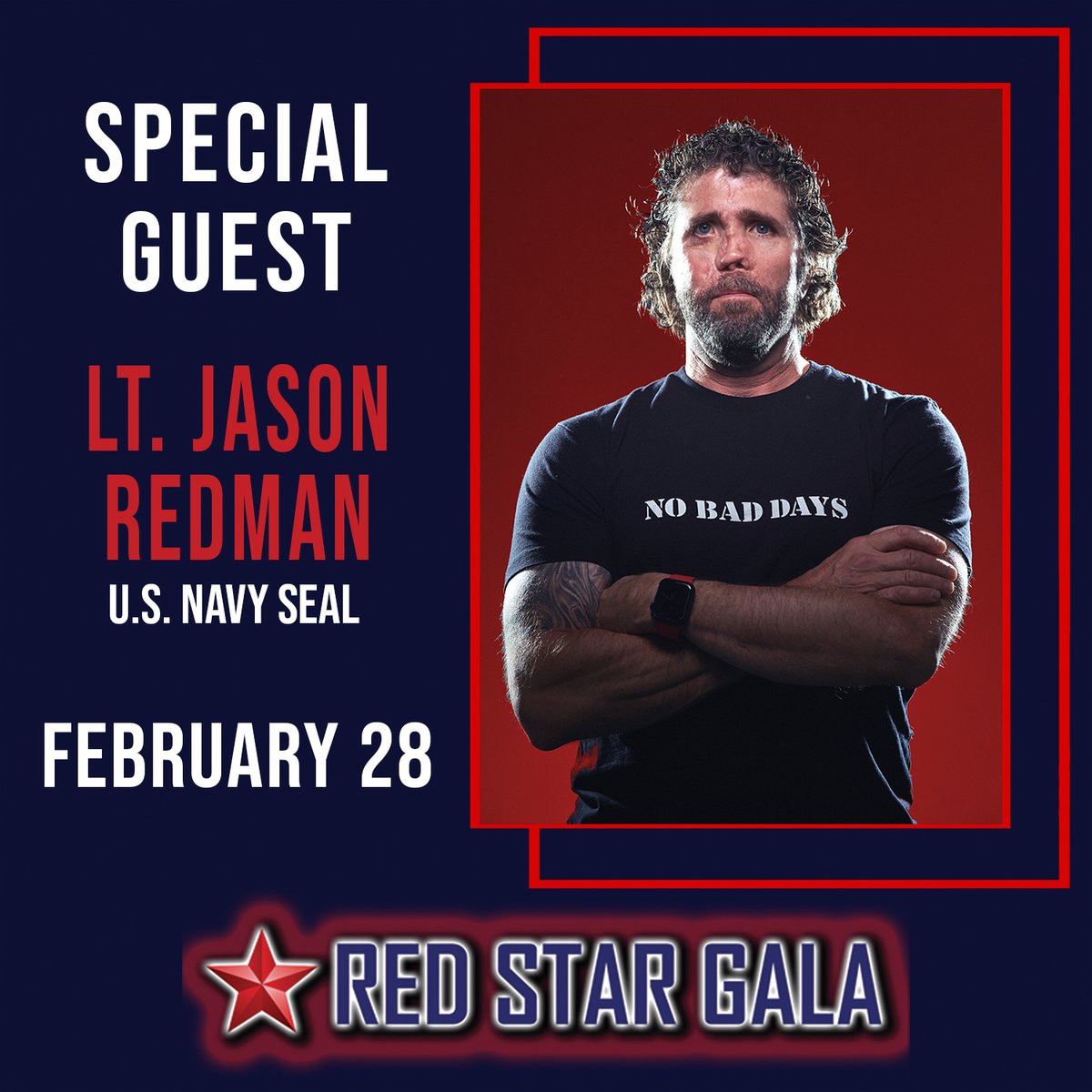 RedStarSuicides's tweet photo. We are proud to announce that Jason Redman will be attending the Red Star Gala.

Jason’s life is the definition of resilience and service.
• Retired U.S. Navy SEAL leader
• U.S. Army Ranger qualified
• Wounded Warrior
• Bronze Star Medal with Valor
• Purple Heart recipient https://t.co/77yhwNbdg0