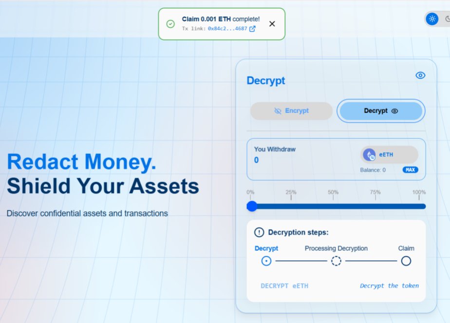 Finished the <a href="/RedactMoney/">Redact ⚪️</a> testnet 🔐

Encrypt, decrypt, claim — smooth
Token deploy, mint, shield &amp; unshield — all working
<a href="/fhenix/">Fhenix</a>  FHE infra makes confidential balances feel fast &amp; intuitive 😎
Redact = private DeFi you can actually use 🚀