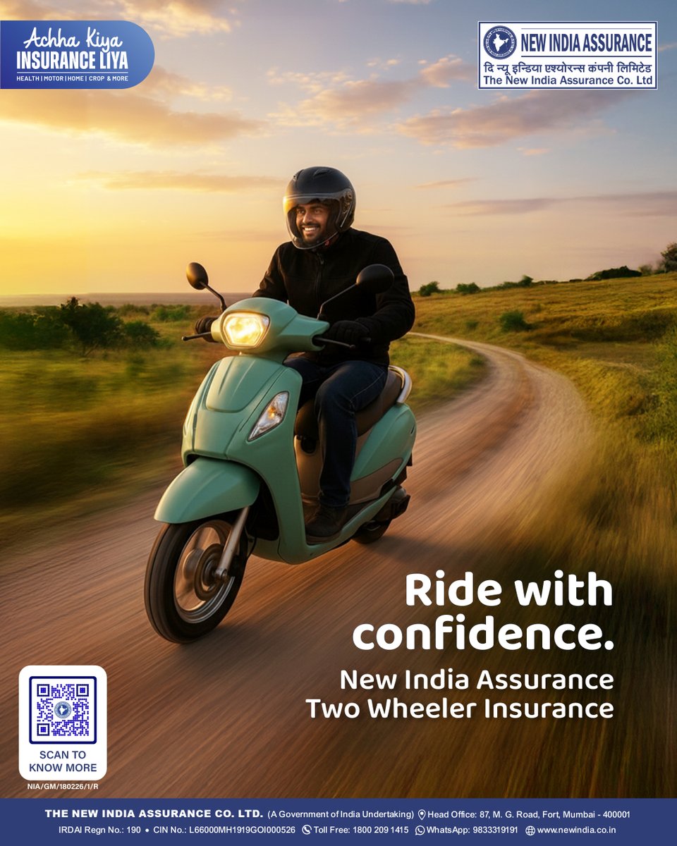 NewIndAssurance's tweet image. Insure your two wheeler anytime, anywhere. Fast, easy, and reliable, that's New India Assurance Two Wheeler Insurance.

To know more visit - newindia.co.in/all-products

#TwoWheelerInsurance #RideWithConfidence #NewIndiaAssurance #Insurance #InsuranceForAll #Assurance