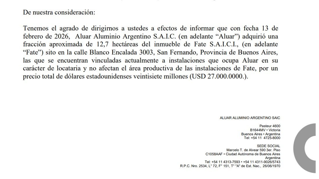 Aluar $ALUA 🇦🇷 del propio Madanes Quintanilla anunció hace solo una hora y media que la semana pasada compró una fracción del terreno de Fate en San Fernando por el cual pagó US$ 27 millones