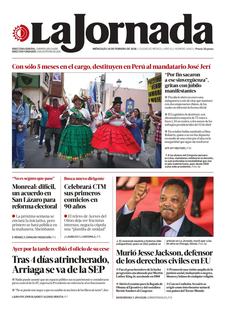 Hoy en #LaPortada de <a href="/lajornadaonline/">La Jornada</a> 📰

🔹 Monreal: difícil, un acuerdo en San Lázaro para reforma electoral

🔹 Celebrará CTM sus primeros comicios en 90 años 

🔹 Tras 4 días atrincherado, Arriaga se va de la SEP