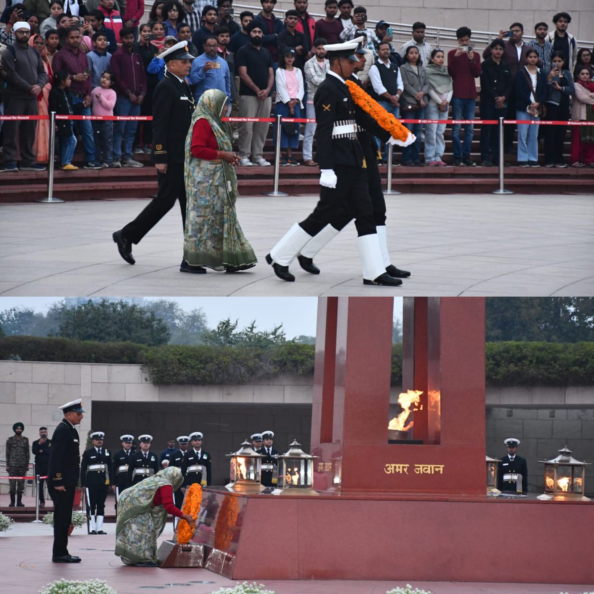 salute2soldier's tweet image. The visitors were filled with adrenaline rush when the citation glorifying valiant action of Nb Sub Khushi Ram, VrC in Op #Pawan was being recited at #NationalWarMemorial during #NoK Ceremony. Mrs Shanti Devi, #VeerNari, paid homage at #AmarJawanJyoti with pride &amp;amp; fortitude.