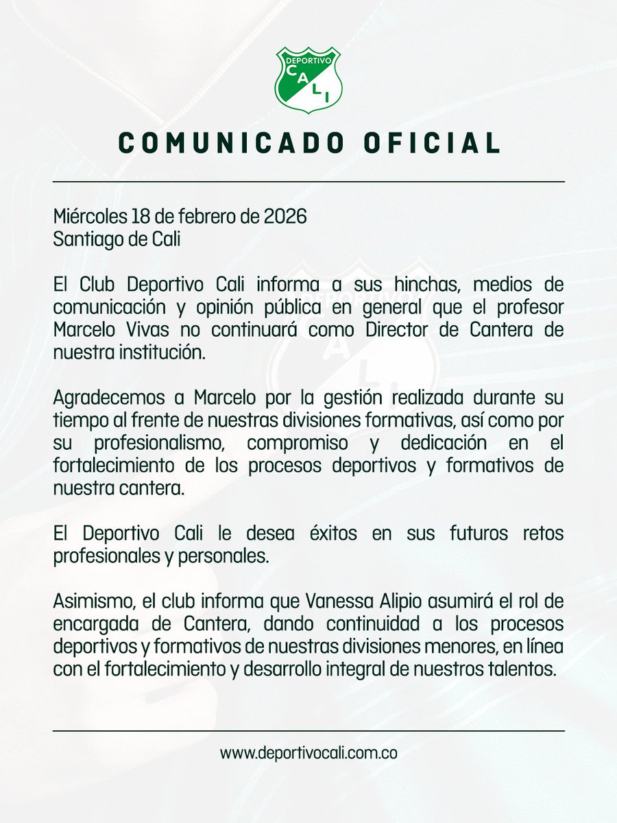 📄 COMUNICADO OFICIAL 

Deportivo Cali informa que el profesor Marcelo Vivas no continúa en el cargo de Director de nuestra Cantera.